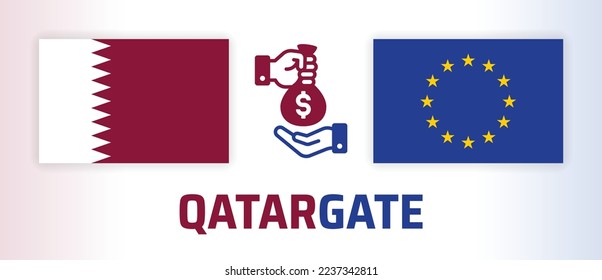 Qatargate vector illustration. Political scandal of Qatar corruption at the European Parliament including bribery, money laundering and organized crime.