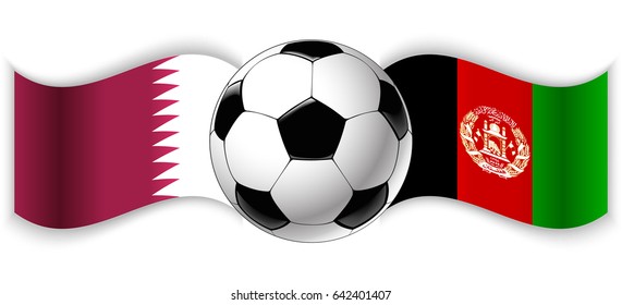 Qatari and Afghan wavy flags with football ball. Qatar combined with Afghanistan isolated on white. Football match or international sport competition concept.