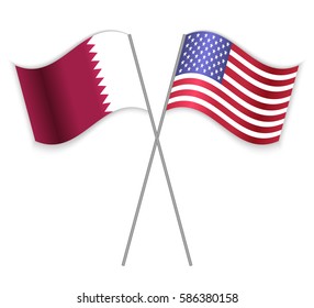 Qatari and American crossed flags. Qatar combined with United States of America isolated on white. Language learning, international business or travel concept.