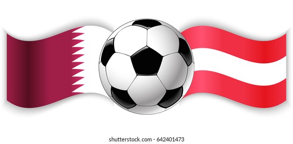 Qatari and Austrian wavy flags with football ball. Qatar combined with Austria isolated on white. Football match or international sport competition concept.