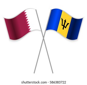 Qatari and Barbadian crossed flags. Qatar combined with Barbados isolated on white. Language learning, international business or travel concept.