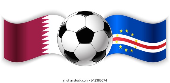 Qatari and Cabo Verdean wavy flags with football ball. Qatar combined with Cape Verde isolated on white. Football match or international sport competition concept.