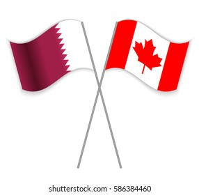 Qatari and Canadian crossed flags. Qatar combined with Canada isolated on white. Language learning, international business or travel concept.