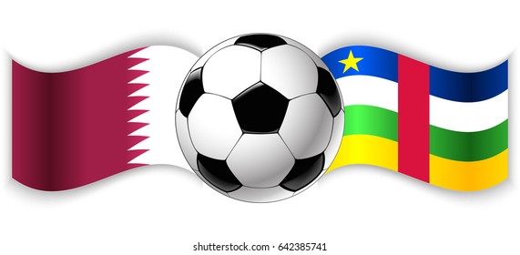 Qatari and Central African wavy flags with football ball. Qatar combined with Central African Republic isolated on white. Football match or international sport competition concept.