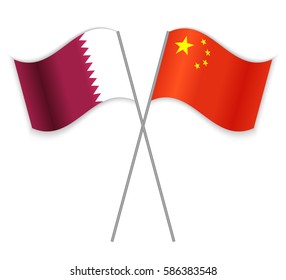 Qatari and Chinese crossed flags. Qatar combined with China isolated on white. Language learning, international business or travel concept.