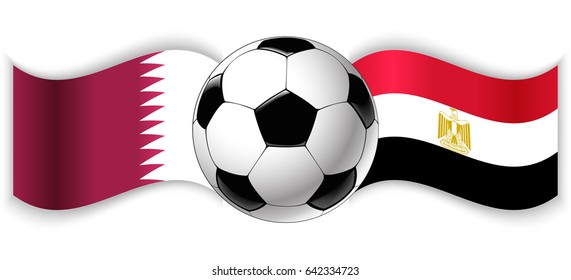 Qatari and Egyptian wavy flags with football ball. Qatar combined with Egypt isolated on white. Football match or international sport competition concept.