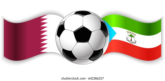 Qatari and Equatorial Guinean wavy flags with football ball. Qatar combined with Equatorial Guinea isolated on white. Football match or international sport competition concept.