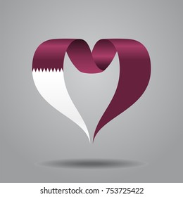 Qatari flag heart-shaped wavy ribbon. Vector illustration.