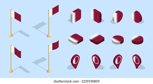 Qatari flag (State of Qatar). 3D isometric flag set icon. Editable vector for banner, poster, presentation, infographic, website, apps, maps, and other uses.