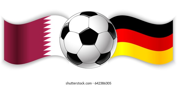 Qatari and German wavy flags with football ball. Qatar combined with Germany isolated on white. Football match or international sport competition concept.