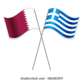 Qatari and Greek crossed flags. Qatar combined with Greece isolated on white. Language learning, international business or travel concept.