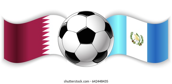 Qatari and Guatemalan wavy flags with football ball. Qatar combined with Guatemala isolated on white. Football match or international sport competition concept.