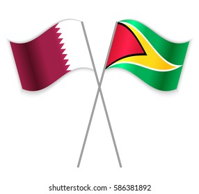 Qatari and Guyanese crossed flags. Qatar combined with Guyana isolated on white. Language learning, international business or travel concept.