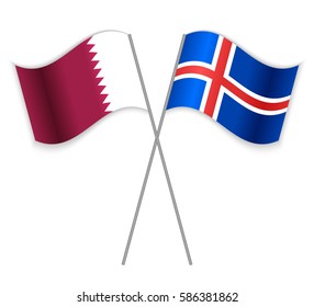 Qatari and Icelandic crossed flags. Qatar combined with Iceland isolated on white. Language learning, international business or travel concept.