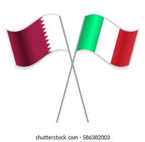 Qatari and Italian crossed flags. Qatar combined with Italy isolated on white. Language learning, international business or travel concept.
