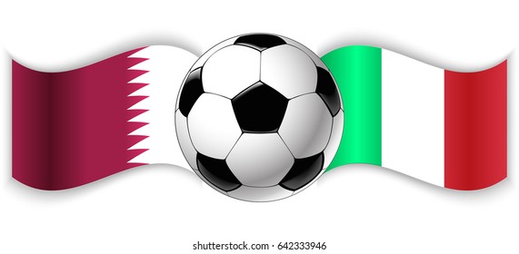 Qatari and Italian wavy flags with football ball. Qatar combined with Italy isolated on white. Football match or international sport competition concept.