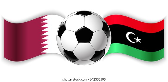 Qatari and Libyan wavy flags with football ball. Qatar combined with Libya isolated on white. Football match or international sport competition concept.