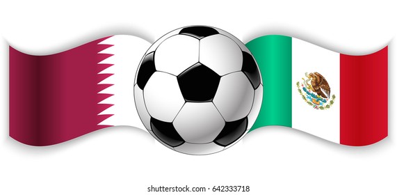 Qatari and Mexican wavy flags with football ball. Qatar combined with Mexico isolated on white. Football match or international sport competition concept.