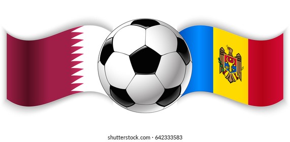 Qatari and Moldovan wavy flags with football ball. Qatar combined with Moldova isolated on white. Football match or international sport competition concept.
