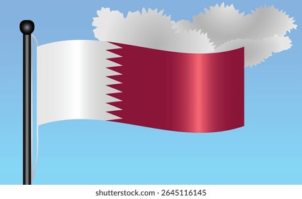 Qatari national flag waving against a bright blue sky. representing national pride, unity, and heritage in Middle East with its vibrant colors and iconic design. Patriotic symbol of identity or pride