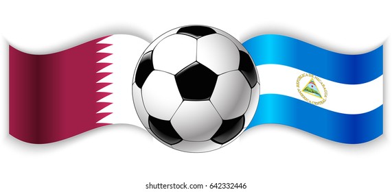 Qatari and Nicaraguan wavy flags with football ball. Qatar combined with Nicaragua isolated on white. Football match or international sport competition concept.