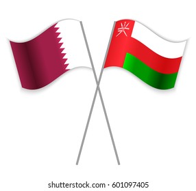 Katari und Omani kreuzten Flaggen. Katar in Kombination mit Oman einzeln auf weiß. Sprachenlernen, internationales Business- oder Reisekonzept.
