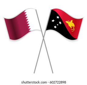Qatari and Papuan crossed flags. Qatar combined with Papua New Guinea isolated on white. Language learning, international business or travel concept.