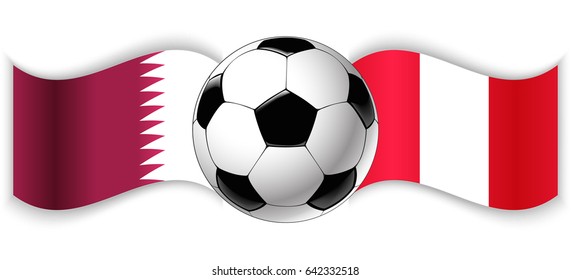 Qatari and Peruvian wavy flags with football ball. Qatar combined with Peru isolated on white. Football match or international sport competition concept.