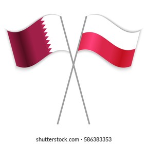 Qatari and Polish crossed flags. Qatar combined with Poland isolated on white. Language learning, international business or travel concept.