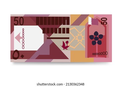 Qatari Rial Vector Illustration. Qatar money set bundle banknotes. Paper money 50 QAR. Flat style. Isolated on white background. Simple minimal design.