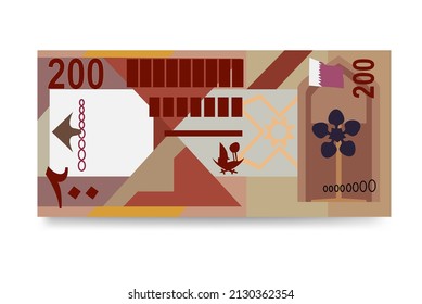 Qatari Rial Vector Illustration. Qatar money set bundle banknotes. Paper money 200 QAR. Flat style. Isolated on white background. Simple minimal design.