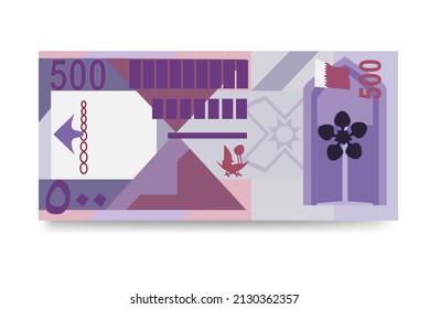 Qatari Rial Vector Illustration. Qatar money set bundle banknotes. Paper money 500 QAR. Flat style. Isolated on white background. Simple minimal design.