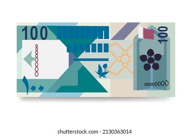 Qatari Rial Vector Illustration. Qatar money set bundle banknotes. Paper money 100 QAR. Flat style. Isolated on white background. Simple minimal design.