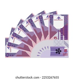 Qatari Rial Vector Illustration. Qatar money set bundle banknotes. Paper money 500 QAR. Flat style. Isolated on white background. Simple minimal design.