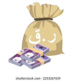 Qatari Rial Vector Illustration. Qatar money set bundle banknotes. Money bag 500 QAR. Flat style. Isolated on white background. Simple minimal design.