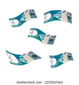 Katari Rial Vektorgrafik. Katar Geldset Bundle Banknoten. Falling, fliegendes Geld 100 QAR. Flacher Stil. Einzeln auf weißem Hintergrund. Einfaches minimales Design.
