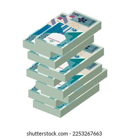 Katari Rial Vektorgrafik. Katar Geldset Bundle Banknoten. Papier Geld 100 QAR. Flacher Stil. Einzeln auf weißem Hintergrund. Einfaches minimales Design.