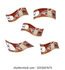 Qatari Rial Vector Illustration. Qatar money set bundle banknotes. Falling, flying money 200 QAR. Flat style. Isolated on white background. Simple minimal design.