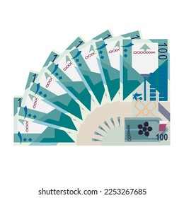 Qatari Rial Vector Illustration. Qatar money set bundle banknotes. Paper money 100 QAR. Flat style. Isolated on white background. Simple minimal design.