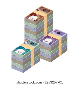 Qatari Rial Vector Illustration. Qatar money set bundle banknotes. Paper money 100, 200, 500 QAR. Flat style. Isolated on white background. Simple minimal design.