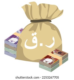 Ilustración del vector de riales cataríes. Dinero de Qatar conjunto de billetes. Bolsa de dinero 100, 200, 500 QAR. Estilo plano. Aislado sobre fondo blanco. Diseño sencillo y mínimo.