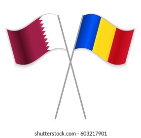 Qatari and Romanian crossed flags. Qatar combined with Romania isolated on white. Language learning, international business or travel concept.
