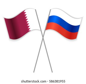 Qatari and Russian crossed flags. Qatar combined with Russia isolated on white. Language learning, international business or travel concept.