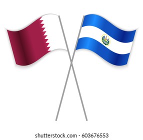 Qatari and Salvadoran crossed flags. Qatar combined with El Salvador isolated on white. Language learning, international business or travel concept.