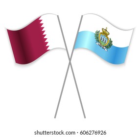 Qatari and Sammarinese crossed flags. Qatar combined with San Marino isolated on white. Language learning, international business or travel concept.
