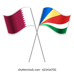 Qatari and Seychellois crossed flags. Qatar combined with Seychelles isolated on white. Language learning, international business or travel concept.