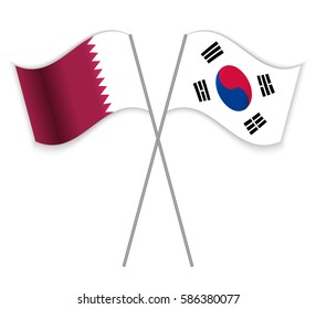 Qatari and South Korean crossed flags. Qatar combined with South Korea isolated on white. Language learning, international business or travel concept.