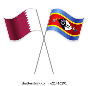 Qatari and Swazi crossed flags. Qatar combined with Swaziland isolated on white. Language learning, international business or travel concept.