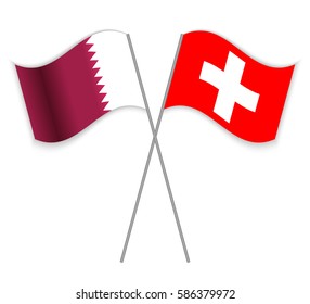 Qatari and Swiss crossed flags. Qatar combined with Switzerland isolated on white. Language learning, international business or travel concept.