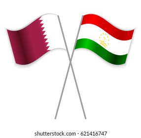 Qatari and Tajikistani crossed flags. Qatar combined with Tajikistan isolated on white. Language learning, international business or travel concept.